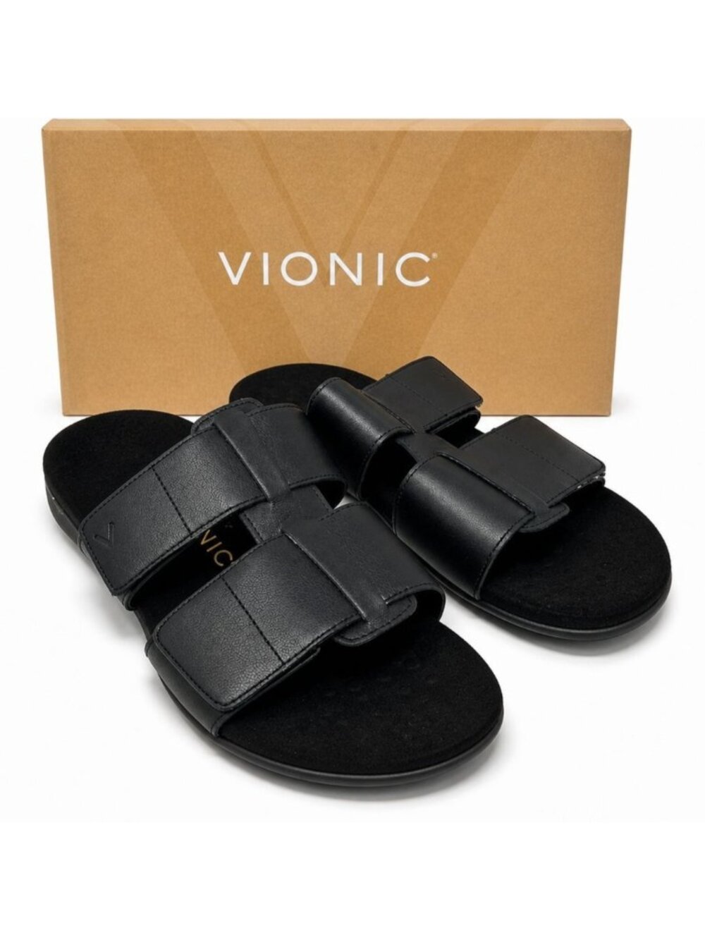 Vionic Riley Supportive Black Nappa Leather Slide Sandals Women’s 8.5 Comfort